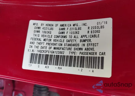 2016 Honda Accord Sport z USA, uszkodzony, nr VIN 1HGCR2F51GA103662